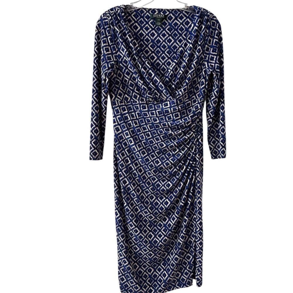 Lauren Ralph Lauren Women's Blue Faux Wrap Dress Size 6 Diamond Print‎